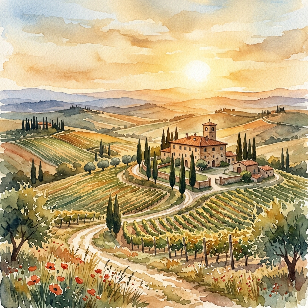 Tuscany landscape watercolor painting